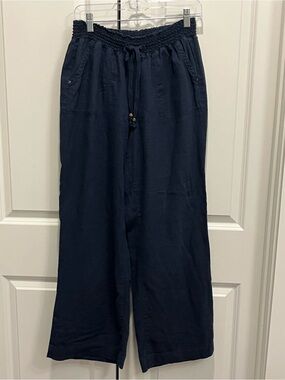 Navy Smocked Waist Wide-Leg Linen Blend Pants Women’s XL Pockets Drawstring